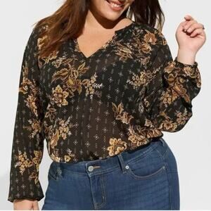 NEW Torrid Peasant Blouse Black Gold Floral Sheer Chiffon Peasant Long Sleeve 2X